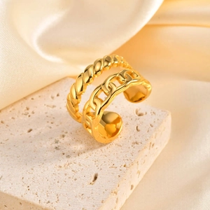 Moderno Anello Aperto in Acciaio Inossidabile Placcato Oro Doppio Strato Twist e Catena Cubana Anello Geometrico Gioielli Donna