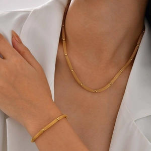 Vintage Stainless Steel Mesh Weave Beaded Bracelet And Necklace Gold Geometric Chain Jewelry For Women Elegant Retro Accessory