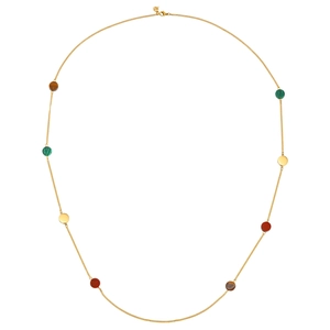 Sautoir doré orné de pendentifs ronds colorés en malachite et pierre d'œil de tigre