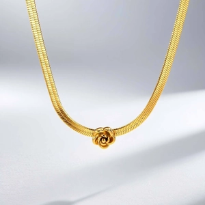 Golden stainless steel flat snake chain necklace with detailed 3D rose flower pendant