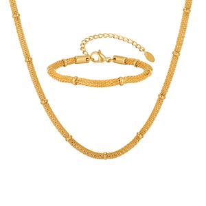 Golden mesh link necklace and bracelet set with polished beads and lobster clasp