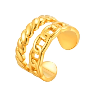 Anello aperto dorato a due strati con trama a corda e design a catena cubana spessa
