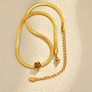 Golden stainless steel snake chain necklace with 3D rose flower pendant and K18 tag