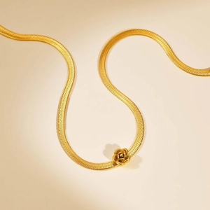 Elegant gold stainless steel snake chain necklace with a delicate 3D rose flower pendant