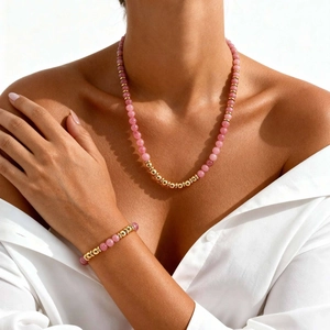 Stainless Steel Beaded Bracelet Necklace For Women Pink Green Natural Stone Gold Plated Chain Elegant INS Fashion Jewelry Gift