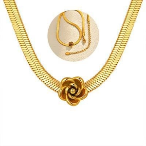 Golden stainless steel snake chain necklace featuring a 3D rose flower pendant for women