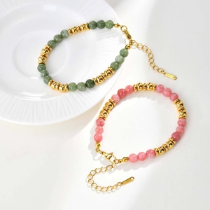 Gold stainless steel beaded bracelet set with green and pink gemstones for women