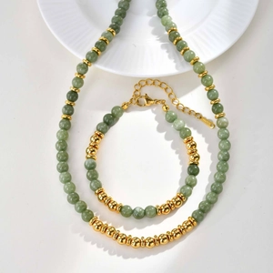 Gold stainless steel green stone bead necklace and bracelet set for women