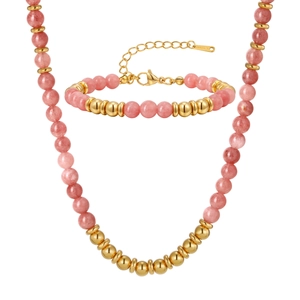 Pink crystal and gold stainless steel beaded jewelry set featuring necklace and bracelet