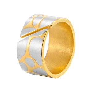 Two-tone wide open ring with gold and silver pebble texture and brushed finish