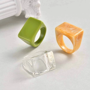 3pcs minimalist geometric square resin rings in green, marble orange, and clear
