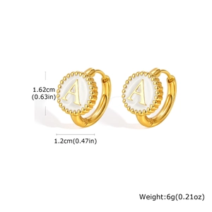 Golden round alphabet earrings with white enamel letter A and beaded circular frame