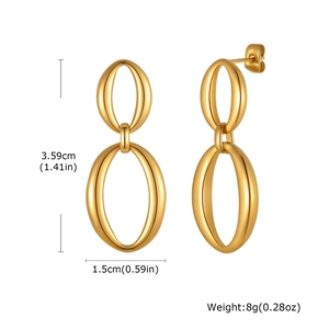 Minimalist gold stainless steel geometric oval double loop drop earrings for women