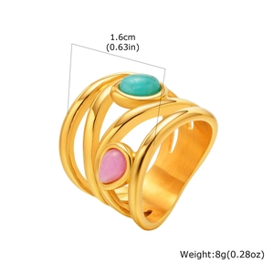 Golden multi-layer stainless steel ring with oval turquoise and pink teardrop stones