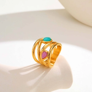 French style layered gold stainless steel ring with turquoise and pink stones