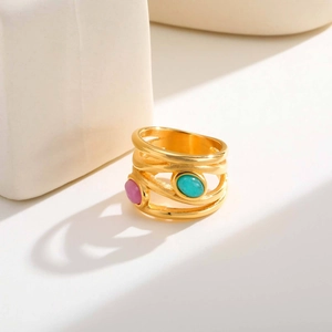 Multi-layer gold plated stainless steel ring featuring turquoise and rose quartz stones
