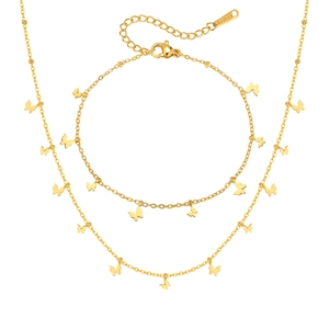Elegante set di collana e bracciale a farfalla in acciaio inossidabile dorato su bianco