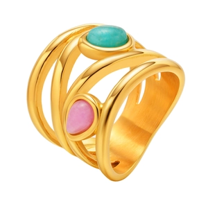 Golden multi-layer wide band ring featuring pink and turquoise stones on white background