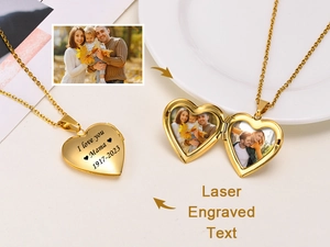 Detailed view of heart-shaped locket necklace with custom laser engraving and photo slot