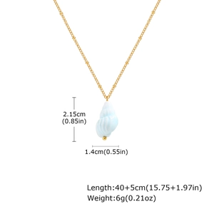 Macro detail of gold bead chain with conch shell pendant showing precise dimensions