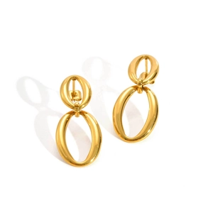 Detailed close-up of gold-plated oval nested geometric earrings with high-polished finish