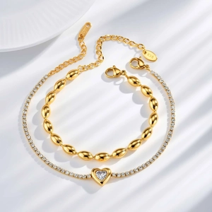 18K gold plated stainless steel heart crystal tennis chain and bead bracelet set
