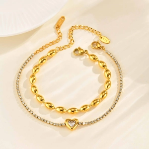 Double-layer gold stainless steel chain set with heart-shaped zircon and k18 plating