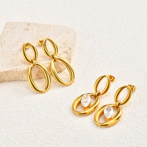 French Minimalist Stainless Steel Double Oval Dangle Earrings For Women Gold Plated Marquise Rhinestone Geometric Jewelry Earrings
