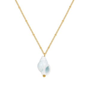 Golden bead chain necklace with a gradient blue and white ceramic conch shell pendant