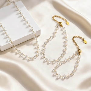 Minimalist Stainless Steel Jewelry Set Irregular Transparent Artificial Crystal Beads Gold Plated Necklace Bracelet For Women
