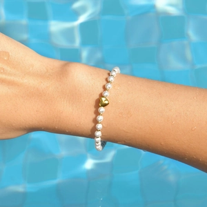 Bracelet Perlé Mode Acier Inoxydable Imitation Künstliche Perle Blanche Pendentif Coeur Doré Bijou Réglable Cadeau Femme