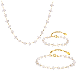 Golden stainless steel jewelry set featuring irregular transparent faceted beads necklace