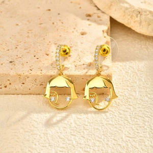 Boucles d'Oreilles Clous en Cuivre Doré de Style Coréen pour Femmes Silhouette de Petite Fille Creuse Incrustée de Zirconia