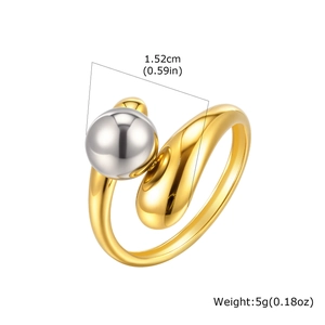 Irregular gold-plated stainless steel open ring with a silver ball detail, weight 5g