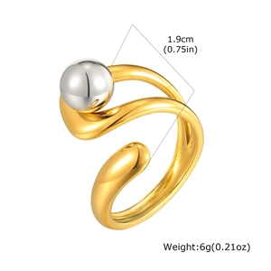 Detailed view of gold irregular open ring with large silver bead and size specs
