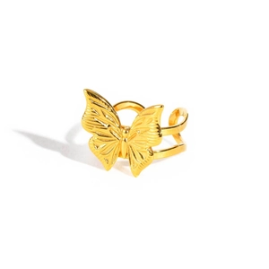 Macro detail of golden 3D butterfly ring featuring double-band adjustable design