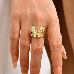 Exquisite gold stainless steel open ring featuring a double-layered butterfly design