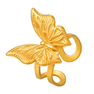 Elegant gold stainless steel 3D butterfly open ring with detailed wing texture for women
