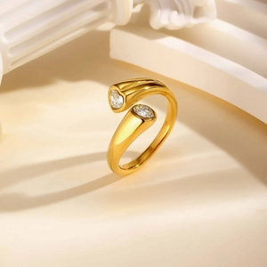 Stainless Steel Zirconia Heart Bypass Open Ring Gold Plated Minimalist Chic Fashion Finger Ring For Women Elegant Daily Jewelry Gift