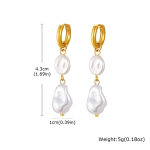 Detail view of gold pearl earrings showing dimensions 4.3cm height and 1cm width