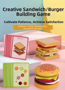 Macro view of wooden toy food layers with menu cards for pretend play hamburger making