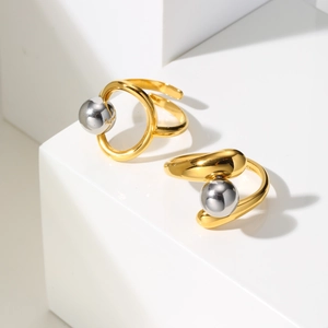 Fashion Stainless Steel Open Ring For Women Irregular Line Gold Silver Two Tone Metal Ball Geometric Finger Ring Jewelry