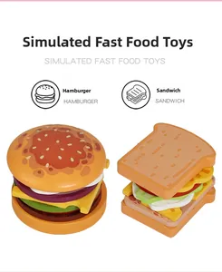 Detail view of multi-layered wooden toy burger and sandwich for educational play