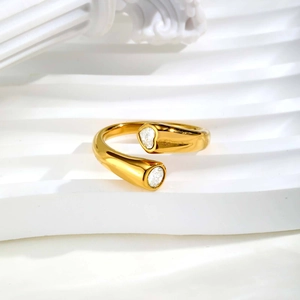 Minimalist gold-plated stainless steel open ring featuring two heart-shaped cubic zirconia stones