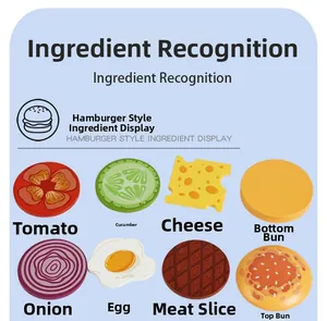 Educational wooden mini burger parts including bun, egg, meat, and vegetables