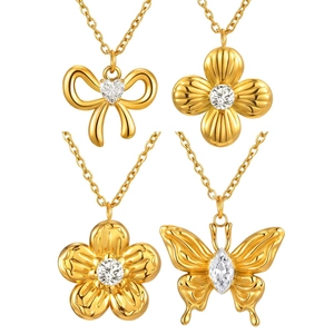 Conjunto de collares de acero dorado con colgantes de lazo y flores para mujer