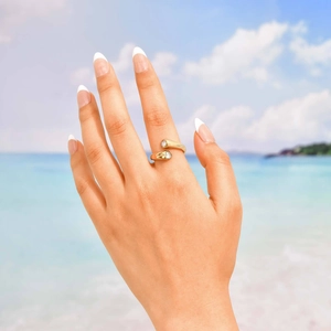 Minimalist gold stainless steel open ring featuring two sparkling clear cubic zirconia stones
