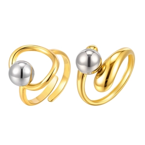 Minimalist gold-plated irregular line open rings with silver beads in polished finish