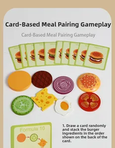 Detail of wooden play food set with hamburger ingredients and colorful menu cards