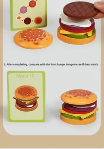 Close-up of wooden hamburger stacking toy pieces and menu instruction card for kids
